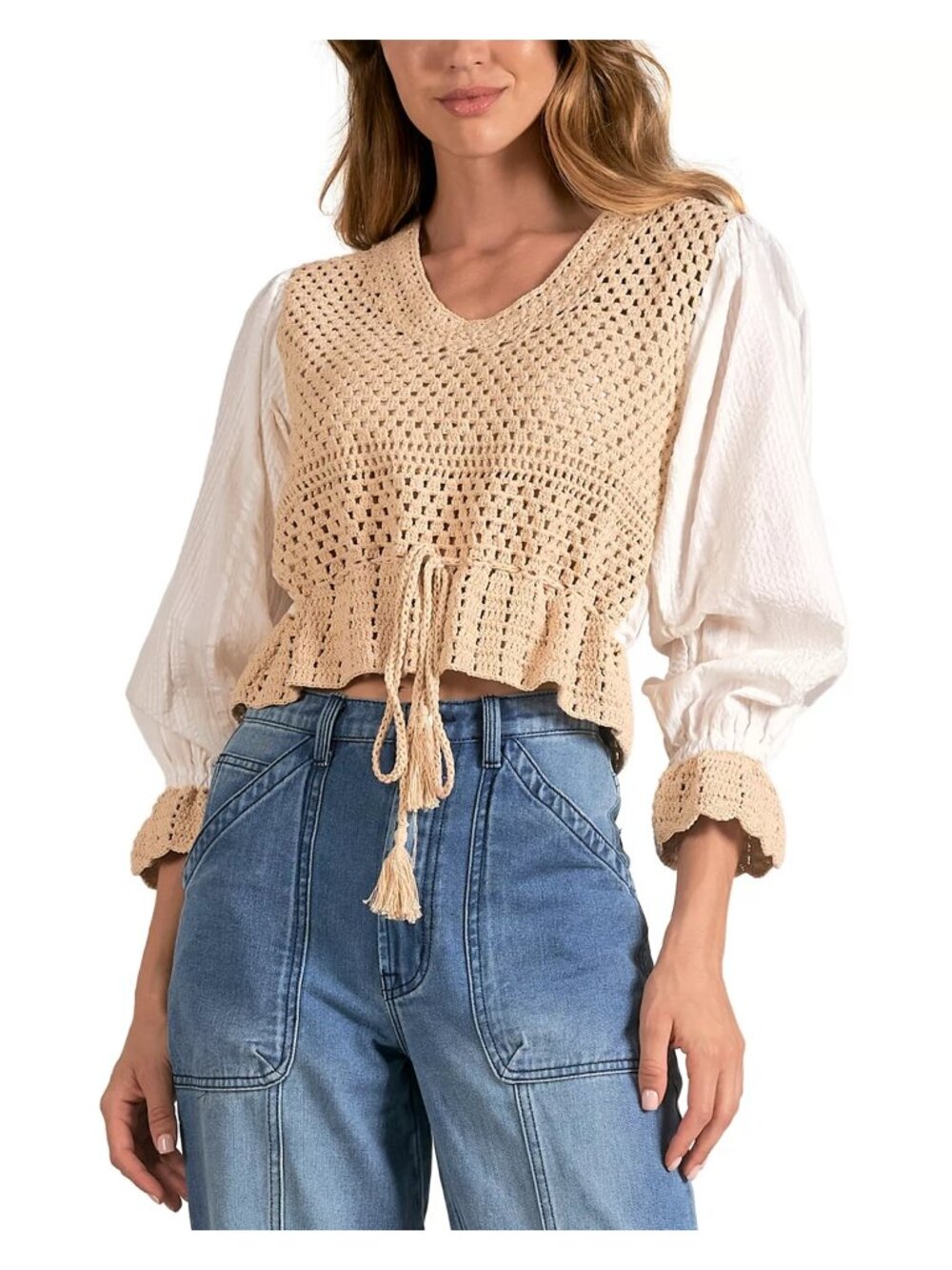 Elan Crochet Flouncy Top Large Mixed Media Crop Top Tassel Tie Beige White Boho